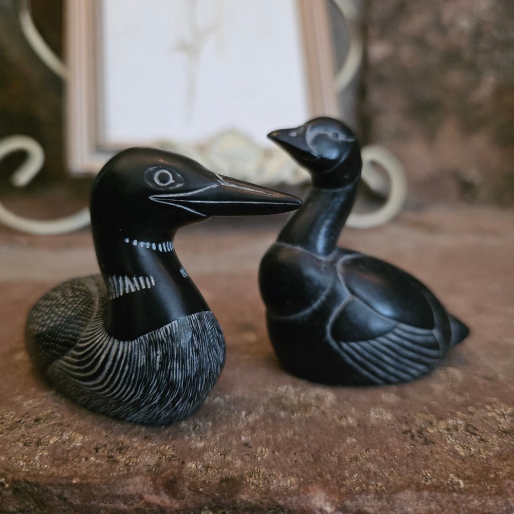 Vintage BOMA Soapstone Loon Goose Figurines Set of 2 Etched Black Bird Decor